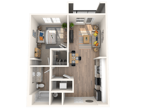 101 Depot, Smyrna, TN apartments, 1 b, 1 b a 3d rendering of a floor plan with a bedroom and living room